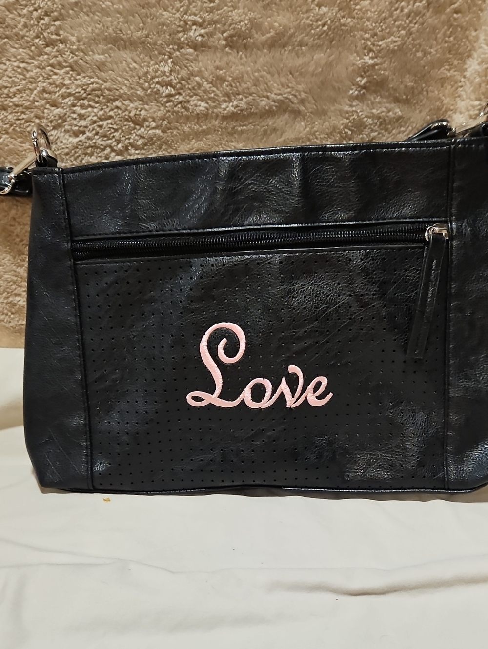 Initial Outfitters Black Faux Leather Crossbody Bag Pink Embroidered "Love" NWOT
